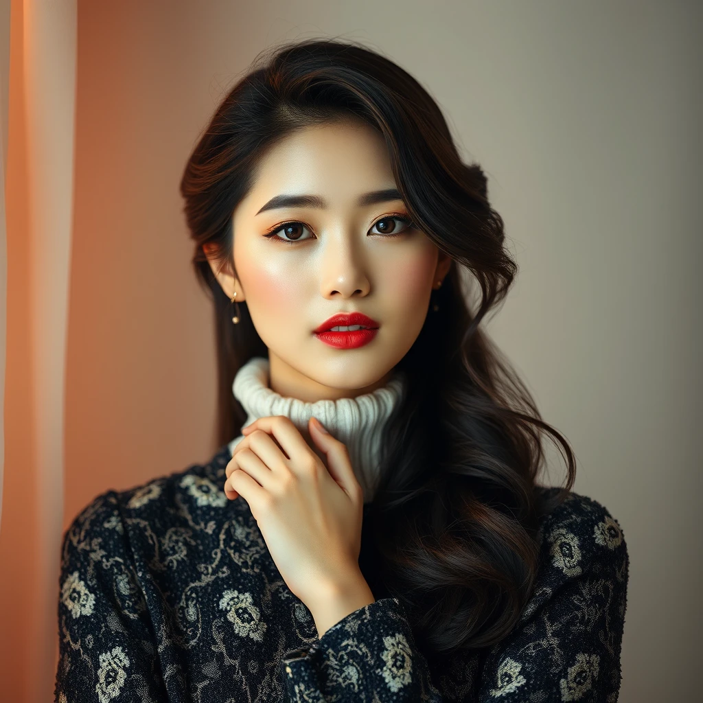 Graceful Korean model, exuding charm and poise, captured in a high-fashion photography setting that harmoniously combines artistic elements with a touch of allure. The image highlights a refined presentation of elegance, featuring high-definition textures and meticulous lighting, showcased in an elegant aspect ratio, full-body, snow white. - Image