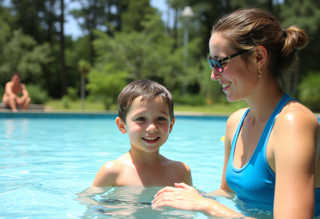 a summer camp counselor impishly helps her camper get ready so they can both take a post-practice soak