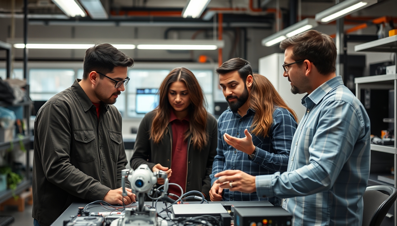 Group of diverse engineers discussing a breakthrough AI project in a high-tech lab. - Image