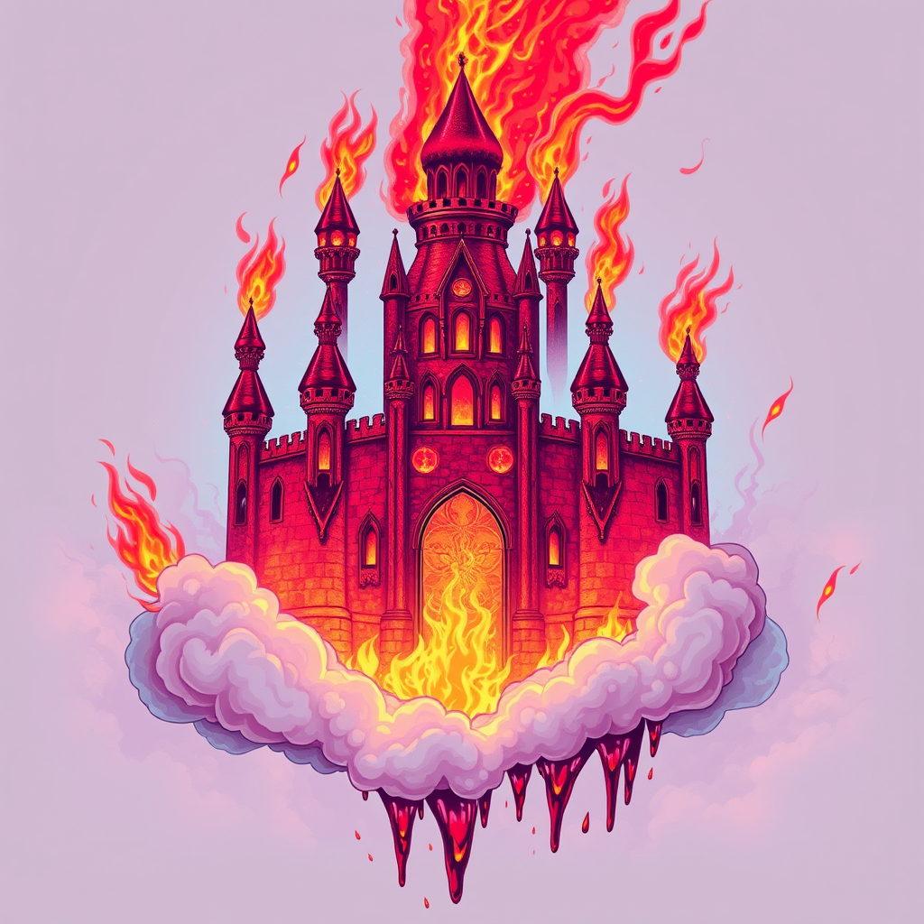 A tee shirt design of a beautiful ruby red kingdom in the clouds on fire with beautiful liquid red ruby dripping with flames. The kingdom has subtle rainbow light embers burning inside. Inside of the kingdom should be reminiscent of beautiful galaxies perfectly blended with chaos. Striking and otherworldly on a transparent background, the flames should have an outline of a beautiful blue ethereal glow. - Image