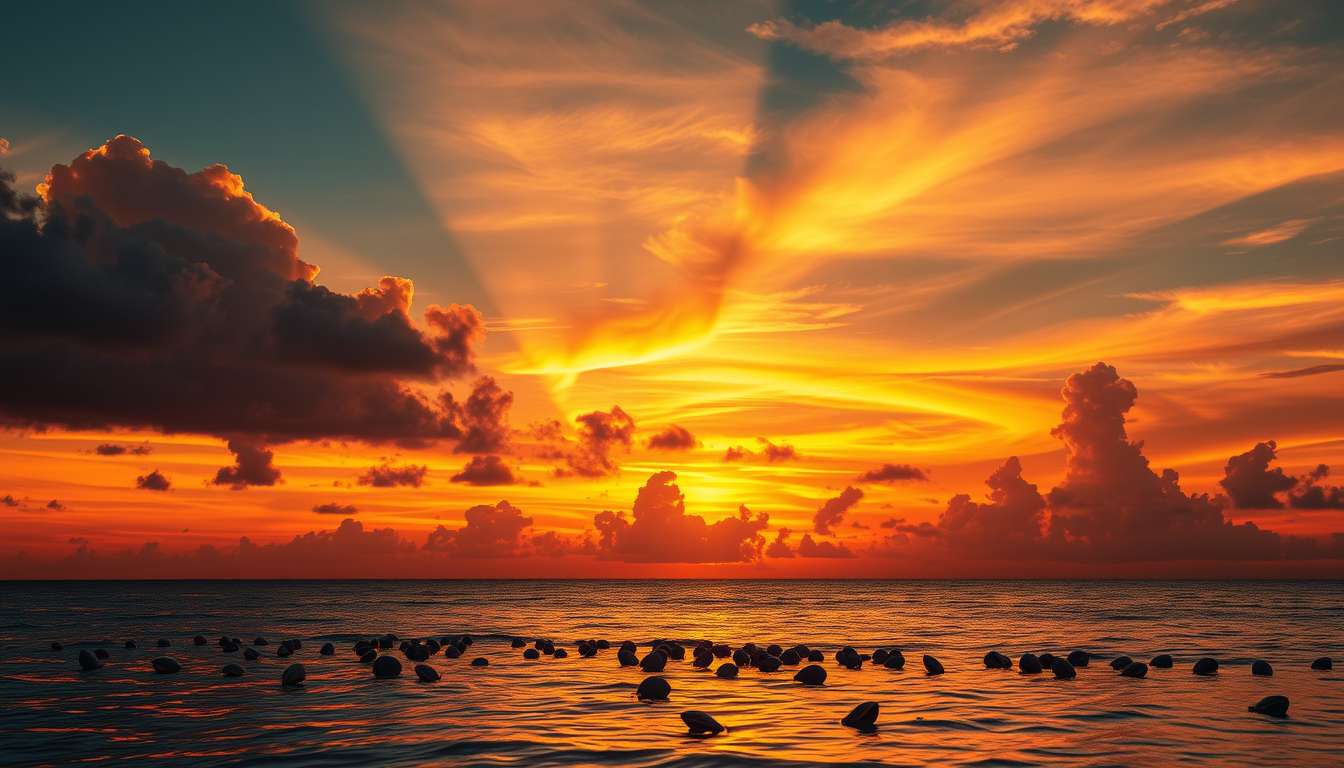 fiery sunset, clouds, high quality, photorealistic, evening sky, reflection, serene, seashells - Image