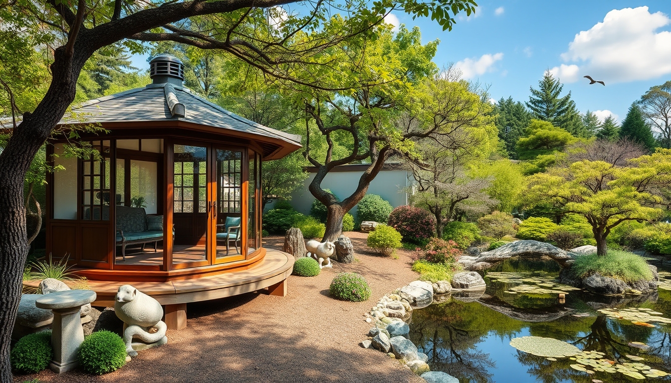 A serene Japanese garden with a glass teahouse overlooking a koi pond.