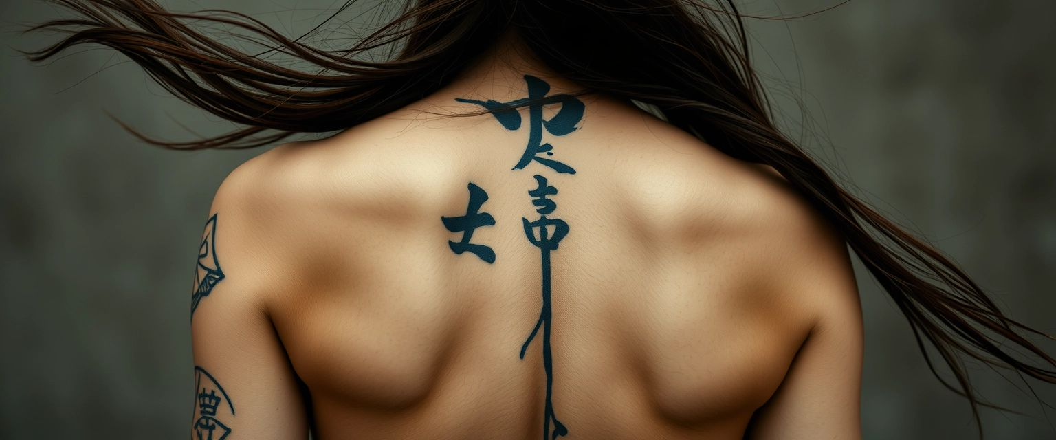 Close-up view of the back of tattooed white-skinned muscular Indian-Korean women with flying hair.