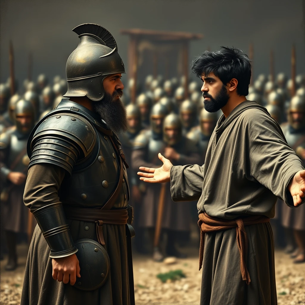 Create an image of two men standing apart and arguing while a group of soldiers gathers around the man on the left. The man on the right is a young man, his arms stretched out to the sides, looking shocked with dark, messy, unkempt hair and a beard. He is dressed in a simple biblical-era shepherd's tunic and is sternly gazing at the left eye of the other man. The other man looks middle-aged, has a Jewish black beard, and is wearing a full suit of biblical-era leather armor and a conical helmet with a pointed tip. In the far background, there is a blurred front of a large biblical-era army. The overall mood of the image is one of anxiety and concern. Painted in the style of Caravaggio. - Image