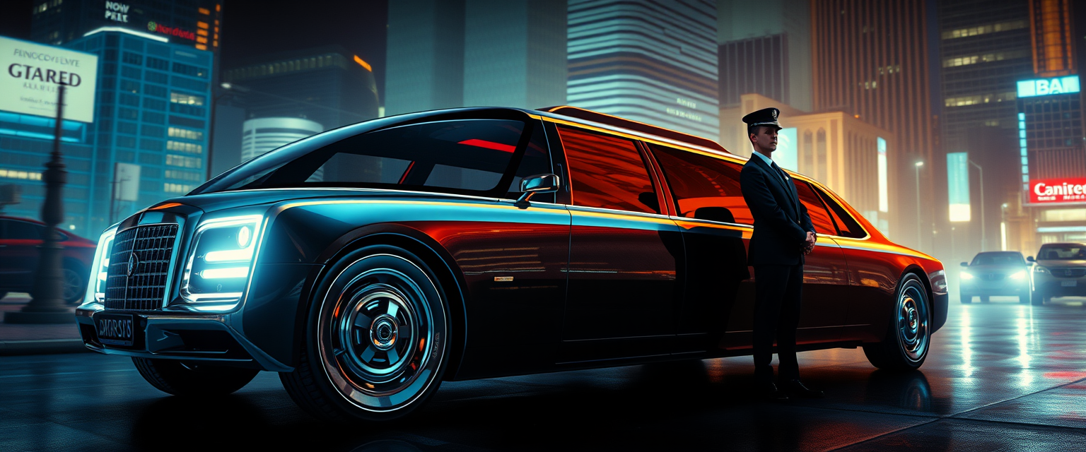 A very futuristic business limo concept, a painting by Syd Mead, 4k, a chauffeur stands at attention, sleek, city setting, night, circa 2072. - Image