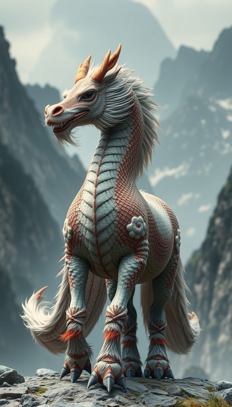 (ultra realistic) an oriental dragon combined with a hairy horse body, in a mountain background of China.