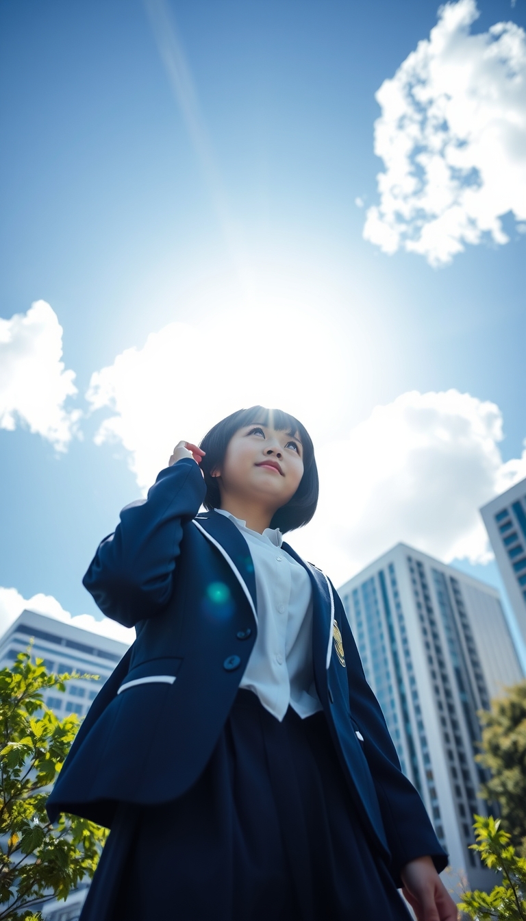 A Japanese high school girl with short black bob hair, wearing a traditional Japanese school uniform consisting of a white blouse, a navy blue skirt, and a navy blue blazer with a school emblem. She is standing outdoors under a bright blue sky with large, fluffy white clouds. The background includes a cityscape with modern high-rise buildings. The composition captures her from a low angle, emphasizing the vast sky and clouds behind her. The sun is visible in the upper left corner, creating a strong lens flare effect. The girl is looking up and slightly to the side with a serene expression. She is not holding anything above her head. The lighting is bright and creates high contrast, typical of a sunny summer day. Some green foliage is visible in the foreground, likely from trees or bushes. The overall scene has a crisp, clean aesthetic with vivid colors, capturing the essence of a bright, clear day in an urban environment. - Image