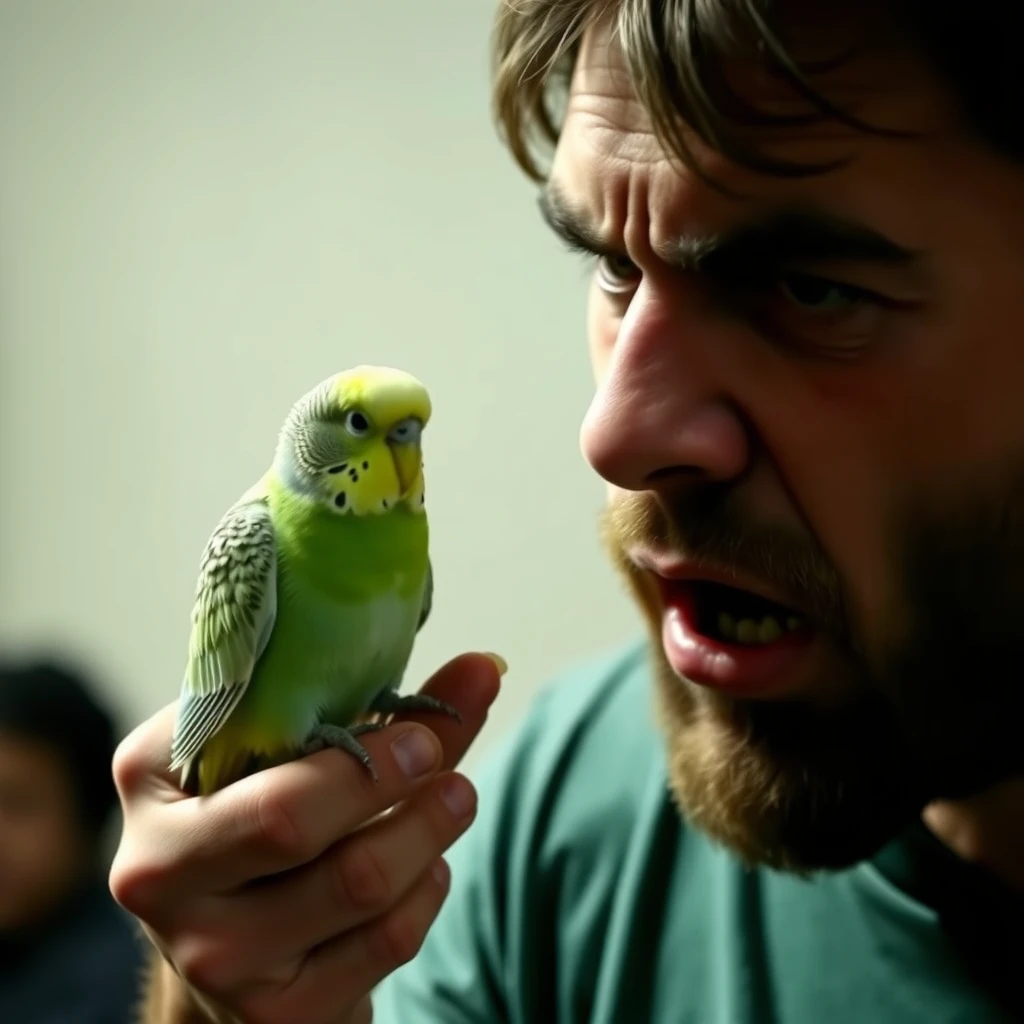 "Man holding a budgie aggressively, low resolution, 480p, screenshot."