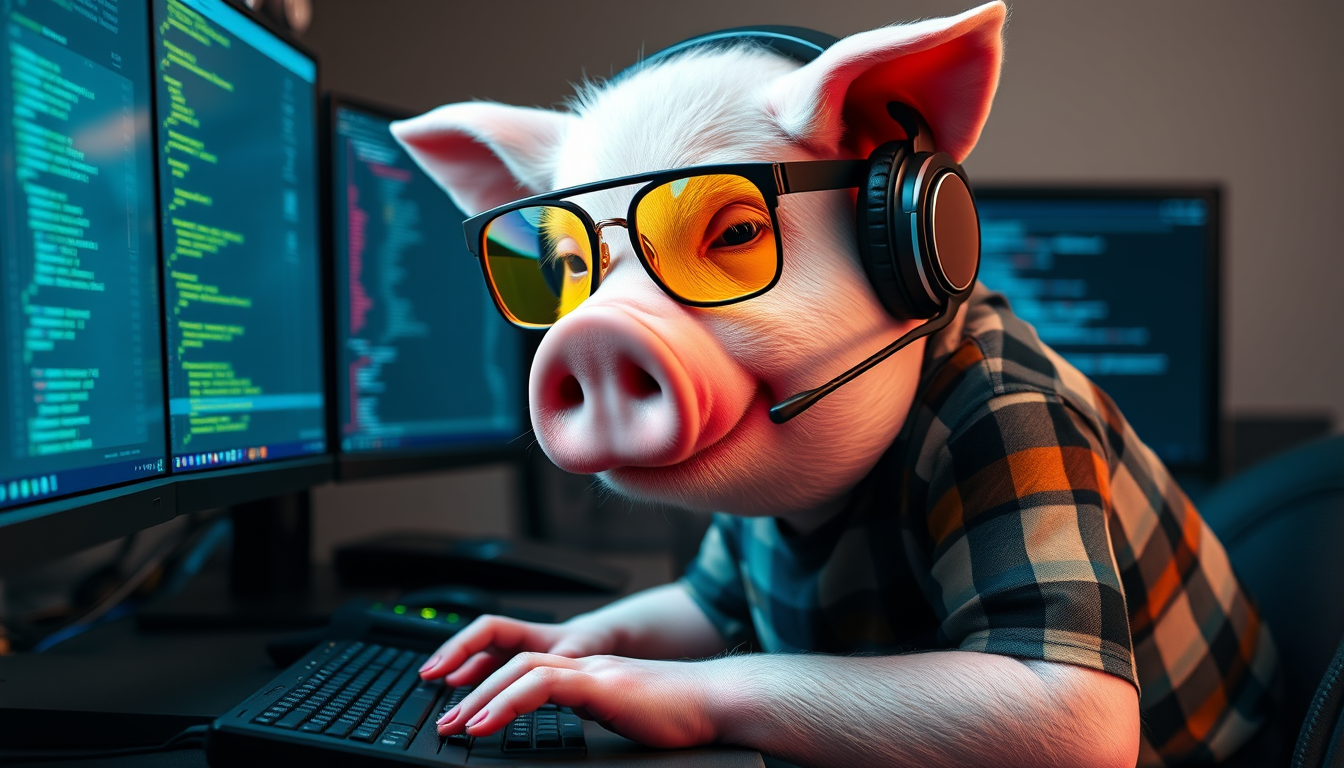 A tech-savvy pig coder, wearing yellow-tinted glasses and sleek noise-cancelling headphones, hunches over a cutting-edge multi-monitor setup. The anthropomorphic pig exudes focus, typing furiously. It is wearing a plaid t-shirt.