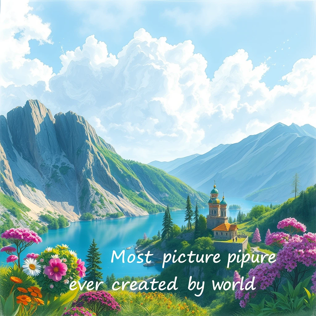 Draw a picture of the most beautiful scene in the world and write "Most beautiful picture ever created by AI" on it.