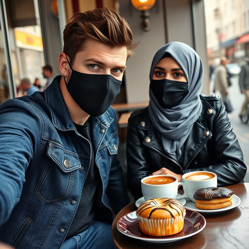 Jamie Dornan's head and body shot, handsome, black face mask, blue jeans jacket, jeans, dating a Muslim girl in a grey hijab, beautiful eyes, black face mask, black leather jacket, biggest zebra pattern skirt, at a cafe, 2 cups of latte, muffin cake, chocolate donut on a table, photorealistic, hyper-realistic, street photography, selfie.