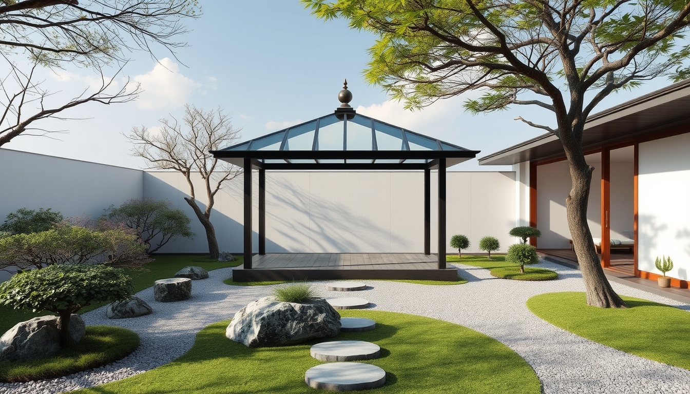 A tranquil zen garden with a glass meditation pavilion at its center.