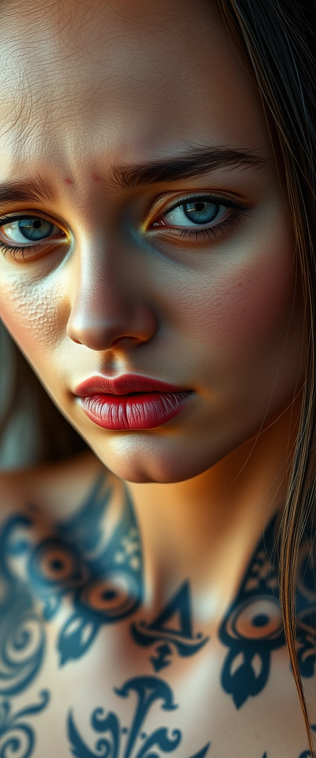 Close-up upper body shot of fair-skinned, beautiful Indian-Korean women with stunning facial features and hypnotizing gray eyes, having tattoos on their face, chest, and neck, with a crying expression.