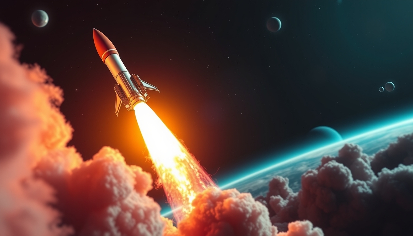 Photo of a rocket weapon launching into space with vibrant colors and intense energy. - Image