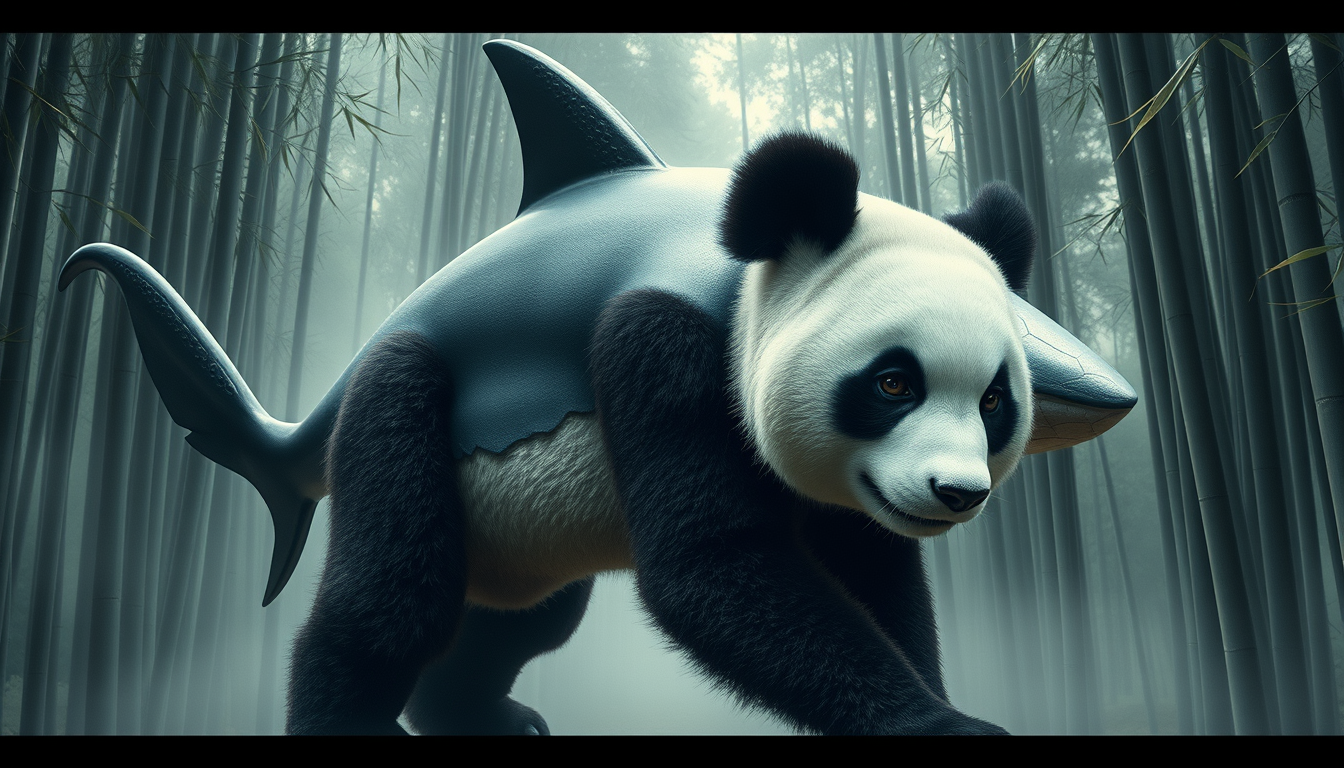 Three-quarter view of a surreal hybrid creature: half-shark, half-panda, seamlessly blended. Hyperrealistic rendering with intricate details—sleek, metallic shark skin transitioning into soft, fluffy panda fur. Piercing eyes reflect ancient wisdom. Positioned majestically against a misty bamboo forest backdrop. Atmosphere exudes both power and gentleness. - Image