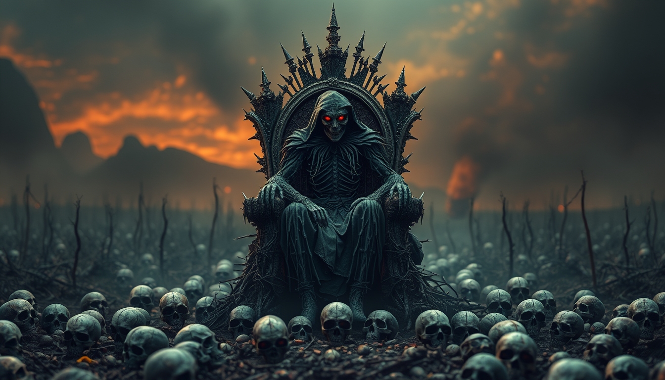 I used the Flux AI Image Generator to create this image of a dark scarecrow sitting on a throne made of thorns. The throne is in the middle of a wasteland surrounded by skulls. The scarecrow is looking directly at the viewer, and its eyes are glowing red. I think this image is very creepy, and I like the way the colors and lighting create a sense of atmosphere.