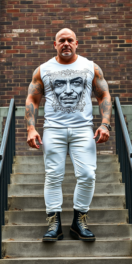 Portraying a behemoth of a huge muscular man, this portrait captures a 60-year-old muscular skinhead standing tall on concrete stairs. His bald head gleams against the light-skinned complexion, while the white t-shirt with a black and white graphic print stands out against his robust physique. Tattooed arms flex beneath the sleeveless shirt, adorned with intricate designs that dance across his skin. Tight bleached denim trousers emphasize the muscular legs, which are further accentuated by knee-high Dr. Martens boots with white laces. Against the rugged backdrop of a brick wall and metal handrails, this imposing figure exudes industrial grit.