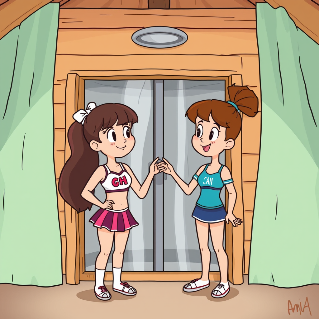 A girl at cheer camp realizes she has a huge crush on her counselor after seeing her alone in the shower lodge, cartoon. - Image