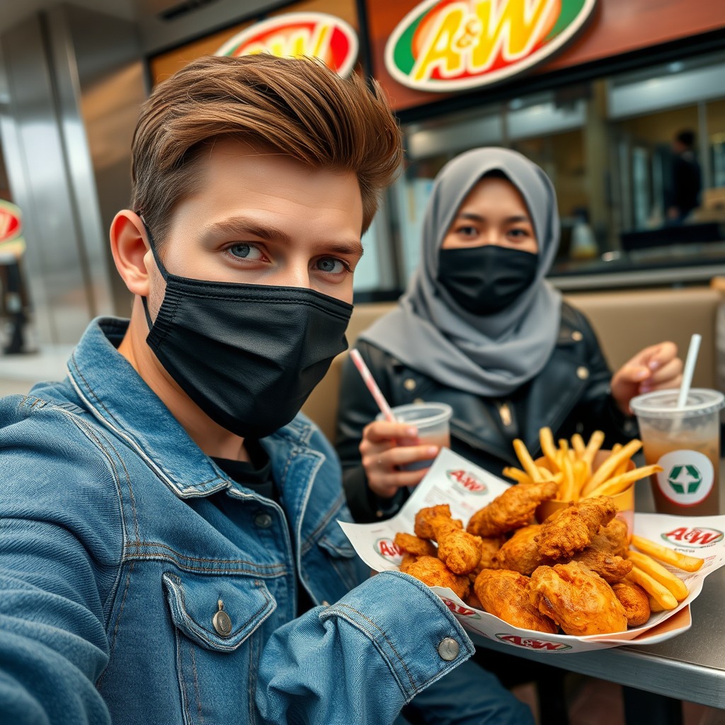 Jamie Dornan's head and body shot, handsome, young, face mask black, blue jeans jacket, jeans, dating love with grey hijab Muslim girl, beautiful eyes, face mask black, black leather jacket, biggest floral skirt, at A&W fast food restaurant, plate of Korean fried chicken and fries, soft drink, photorealistic, hyper realistic, street photography, selfie. - Image