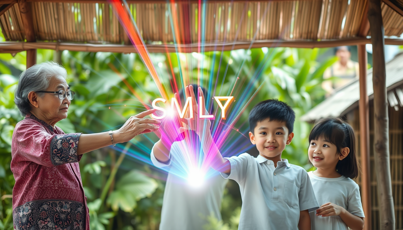 2. "Generational Harmony"
Three generations of a Vietnamese family - grandparents, parents, and children - stand side by side, gazing at an unseen screen. They're positioned in front of a simple bamboo hut, surrounded by lush greenery. As they reach forward, streams of colorful light emerge from their fingertips, intertwining to create a vibrant "SMLYT" in the air. The light show reflects in their eyes, symbolizing shared hopes and dreams across generations.