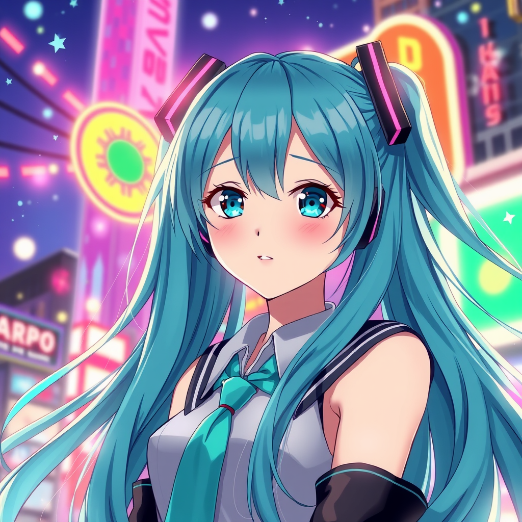 Stunning anime wallpaper illustration of Hatsune Miku, detailed scene, stunning details, trending on ArtStation, ray-traced environment, vintage 90's anime, ray-tracing, by Artgerm.