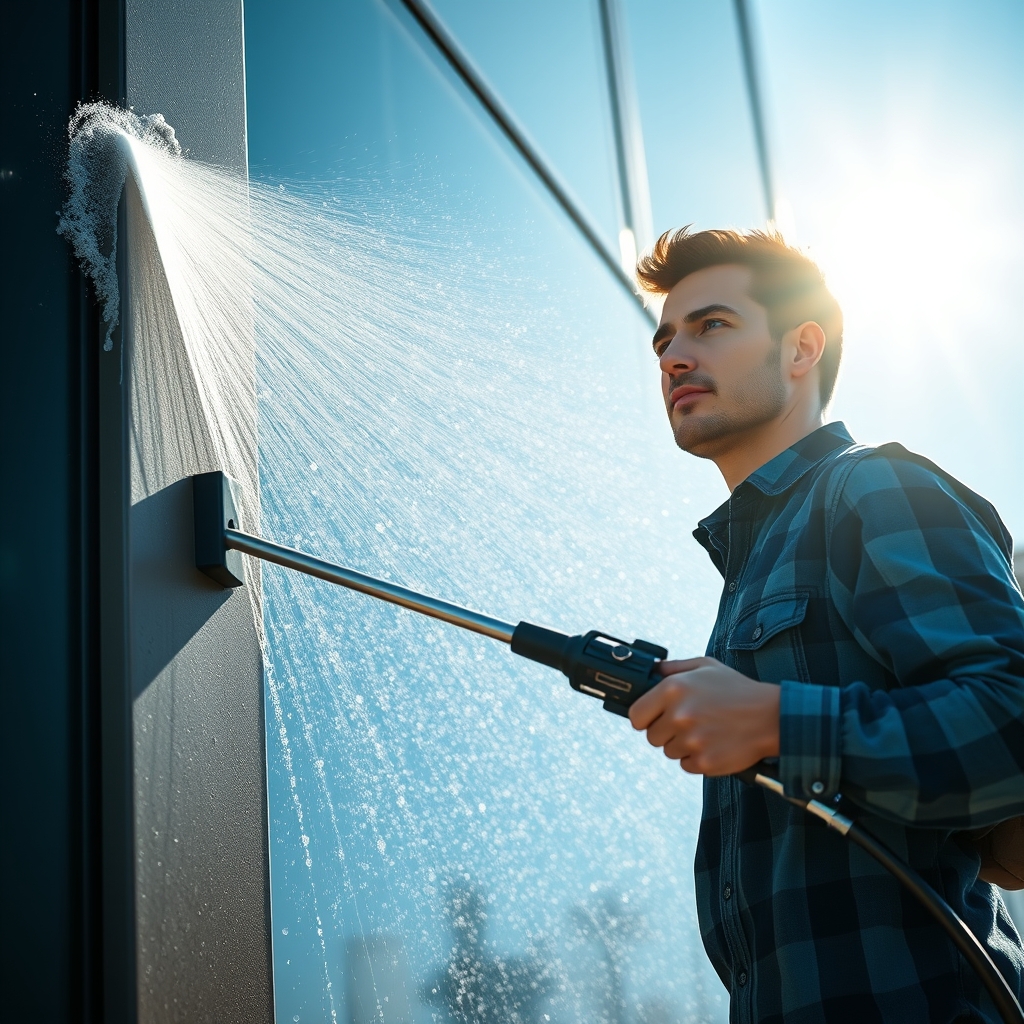 Photorealistic image of a man washing a building facade. The scene should capture the man in action, with water spraying and soap bubbles emphasizing the cleanliness of the building. It’s important to convey his focused expression, the sleek design of the pressure washer, and bright sunlight reflecting off the clean facade.