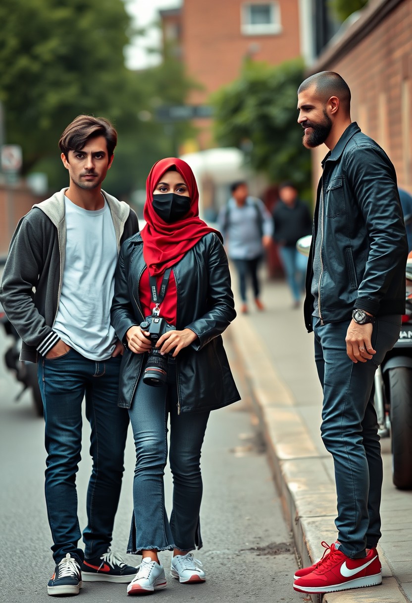 Jamie Dornan and Freddie Prinze, head and body shot, handsome, young, serious face, dark brown hair, white T-shirt, college jacket, skinny jeans, sneakers, standing, discussing with two guys and a short, slim Muslim girl wearing a red hijab, beautiful eyes, black face mask, black leather jacket, gray long T-shirt, bell-bottom jeans, red sneakers, holding a Canon DSLR camera, near town road, superbike, hyper-realistic, street photography, brick wall, full body photo, three other random strangers in the background.