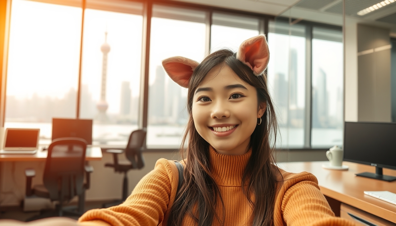 An Asian girl sitting in the office for a selfie, the main style is warm colors, the picture details should also be complete, behind the office in the background is the Bund in Shanghai, the girl put on pig face makeup, with a pig's nose.