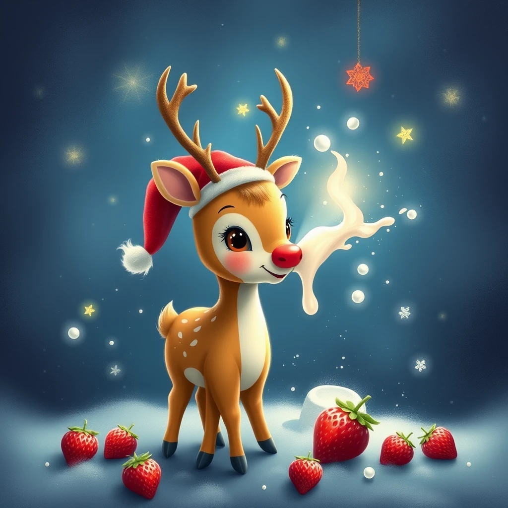 "A cute little deer that needs to drink a million strawberry milks to go to Santa's star, spaceship."