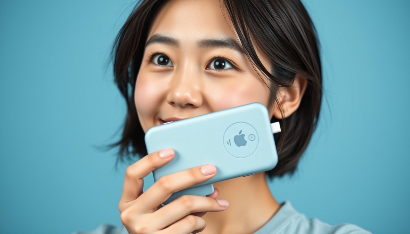 A young Chinese woman wearing light blue is holding an iPhone with a power bank attached to it, which has four round buttons on its back and "20 thousand punches." The background color of her skin tone was set in dark gray and white. She looked at me from above, smiling, with a high-definition photography style, portrait photos, and a solid blue gradient background. High definition photography style, portrait photos, and a solid blue gradient background. She is depicted in the style of high-definition portrait photography against a solid blue gradient background.