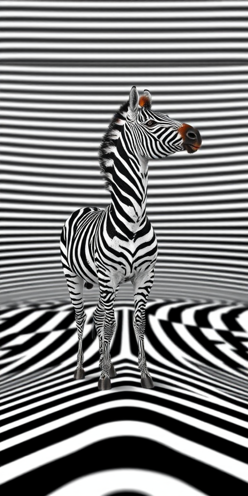 A captivating optical illusion of a zebra standing against a mesmerizing backdrop of alternating black and white horizontal stripes. The zebra's pose, with its curved body and head tilted towards the top-right corner, creates an illusory sense of motion amidst the static pattern. The stripes rise from the bottom, giving the impression of an infinite upward journey, merging art and perception in a visually striking manner. - Image