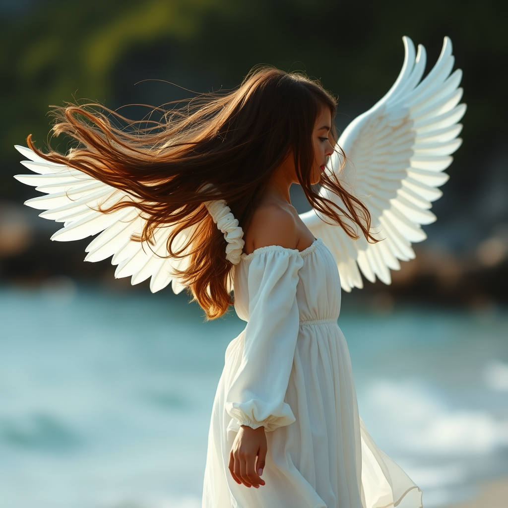 girl angel, wind wave long hair, spread big wings on the back, full body, side view, side lighting, background bokeh, Super realistic, film look, Emerald Beach