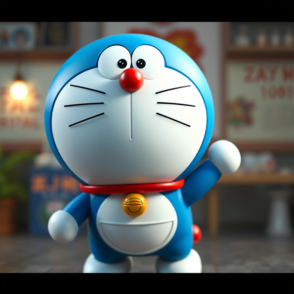 Pixar style, mouth opened smiling Doraemon, full body, hyper-realistic camera style, lifelike details, high-resolution texture, vivid colors, sharp focus, natural lighting, photorealistic quality, cinematic depth of field, true-to-life portrayal.