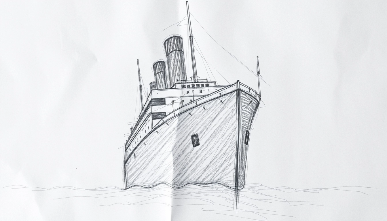 "The Titanic, a rough pencil sketch drawn by a child, is quite coarse and not detailed. The paper of the sketch is crumpled and has many marks where it has been erased."