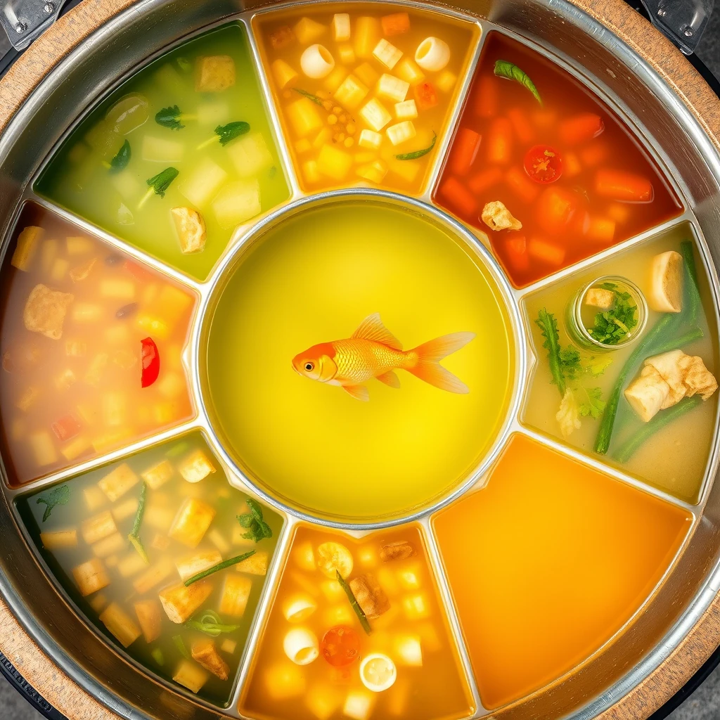 A large round hot pot in the shape of a nine-section grid, with each section a different color, containing various ingredients. Only the middle section has a goldfish swimming in clean water. A diagonal upward perspective.