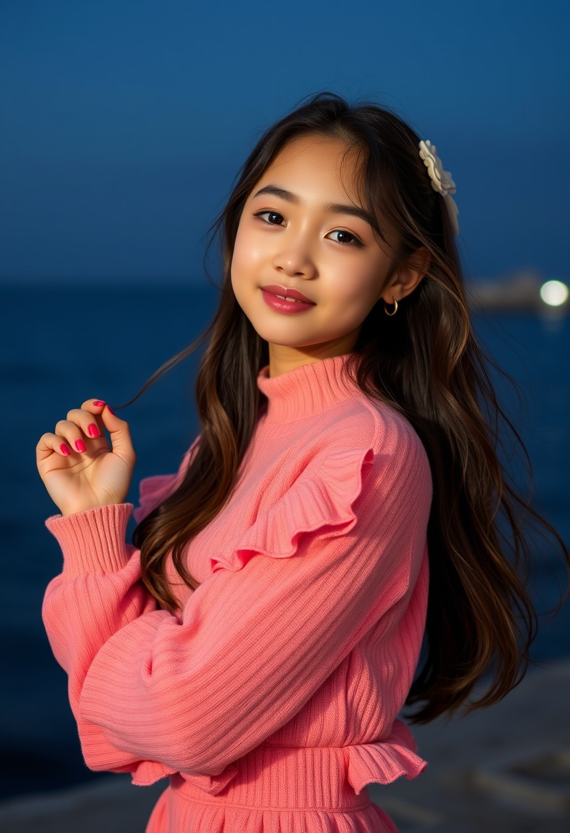 (8k, RAW photo, best quality, masterpiece:1.2), fashion magazine cover, professional portrait of a ((cute)) girl wearing cute fashionable frilled clothes, beautiful sea, ((at night)) - Image