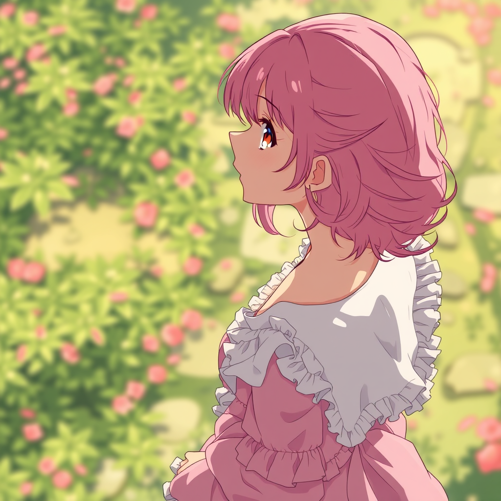 Anime art of a motherly woman, looking away, from above, pink hair, frilly dress, detailed scene, stunning details, trending on ArtStation, anime artwork, anime cel shading