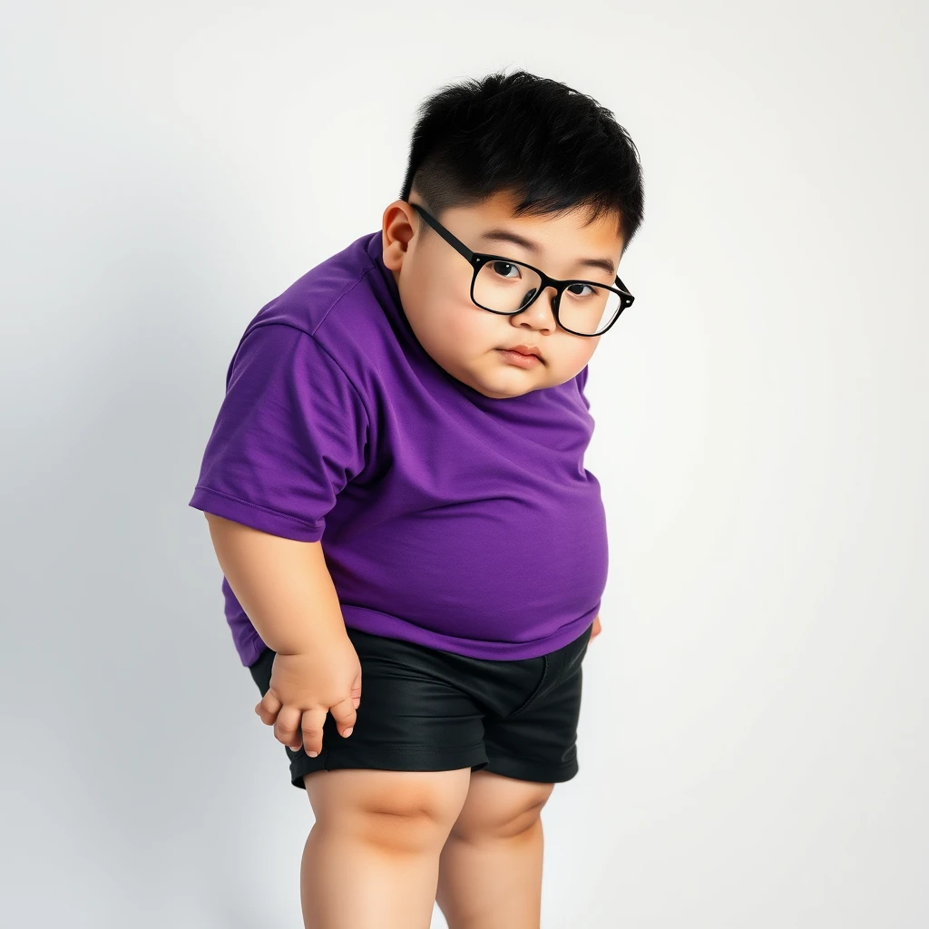 110kg fat Chinese boy, 20 years old, wearing black glasses, with small eyes, a slight curve of short black hair, dressed in a purple t-shirt and black shorts, and wearing Nike sneakers.