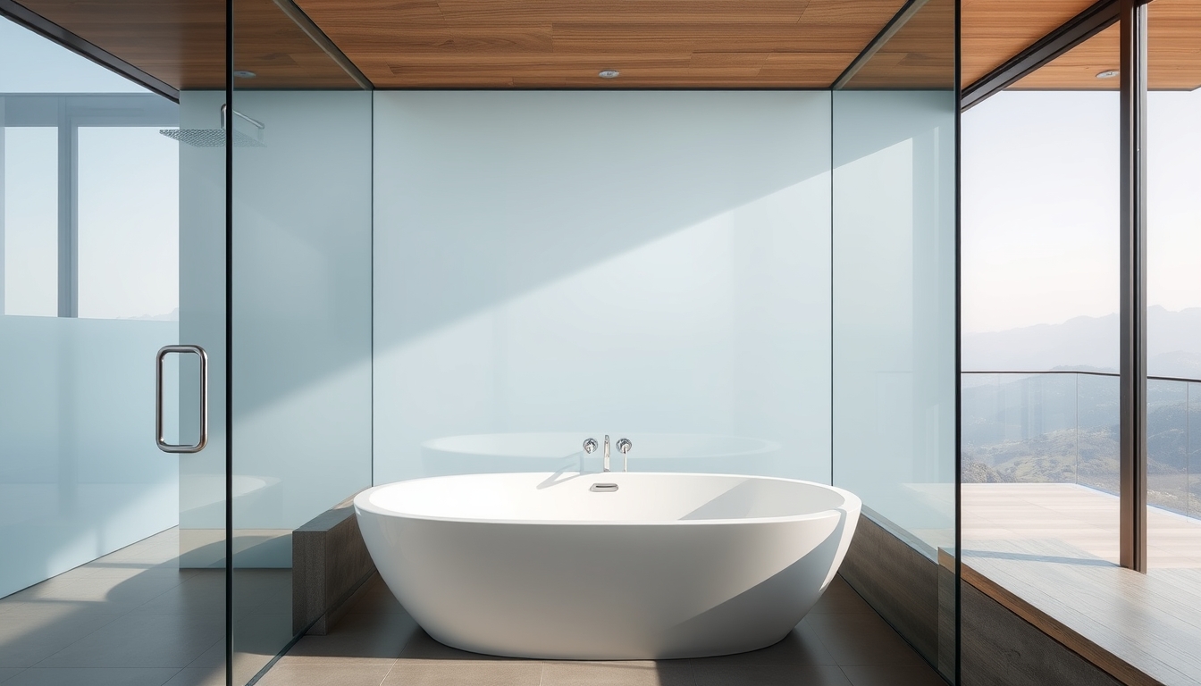 A sleek modern bathroom with glass walls and a luxurious soaking tub. - Image