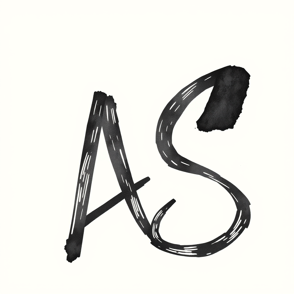 Bold, hand-drawn masculine signature for initials AS, featuring thick, confident strokes. Rugged edges reminiscent of weathered stone. Dynamic curves suggest motion, power. Deep charcoal on cream parchment. Subtle ink splatter adds raw energy. Evokes vintage explorer's journal. Timeless yet modern aesthetic. - Image