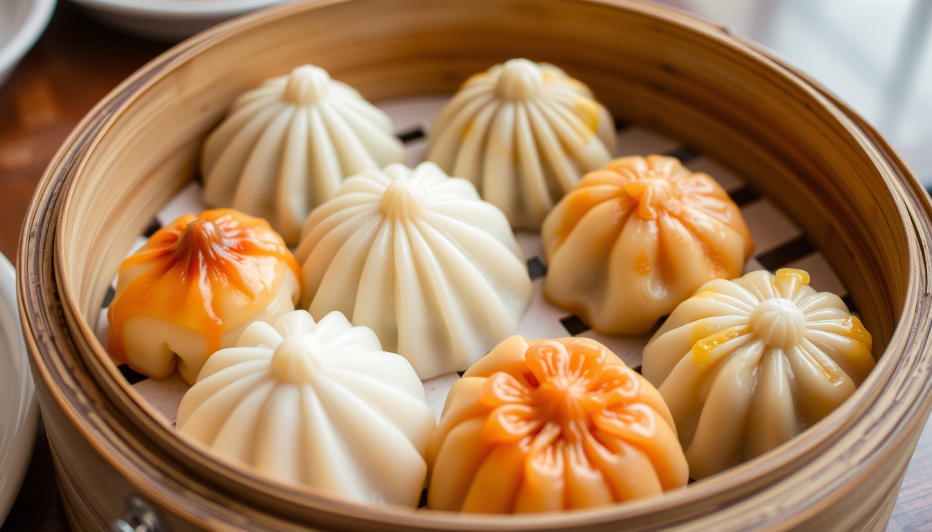 Assorted dim sum dishes in bamboo steamers, highlighting traditional Chinese cuisine.