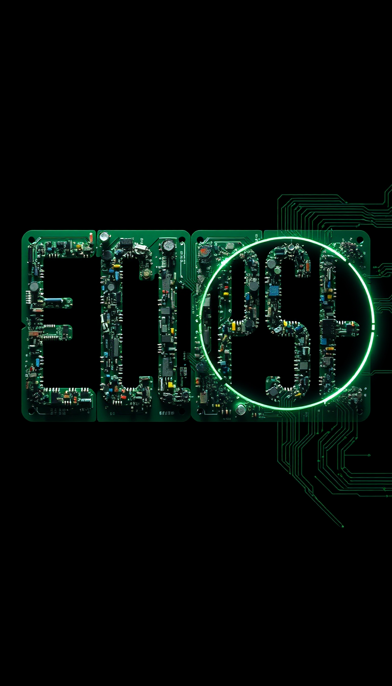 Main Character: The word "ECLIPSE" formed entirely from intricate and interconnected circuit board elements. Each letter is meticulously crafted using a variety of electronic components, including resistors, capacitors, transistors, diodes, and integrated circuits. The components are soldered onto a green circuit board, creating a visually striking contrast between the metallic components and the board's vibrant green.  
Background: The background is a dark, almost black, void, allowing the illuminated circuitry of the word "ECLIPSE" to stand out prominently. Faint, glowing lines emanate from the circuitry, suggesting the flow of electricity and data. The darkness represents the vastness of space, hinting at the celestial phenomenon of an eclipse.  
Visual Style: The visual style should be hyperrealistic, resembling a high-resolution photograph of a meticulously crafted circuit board. The details of each component should be clearly visible, showcasing the complexity and intricacy of the design. The lighting should be dramatic, with strategically placed highlights and shadows that emphasize the three-dimensional nature of the components and the overall word. The overall tone should be one of technological sophistication and futuristic innovation, hinting at the power and potential of electronics. - Image