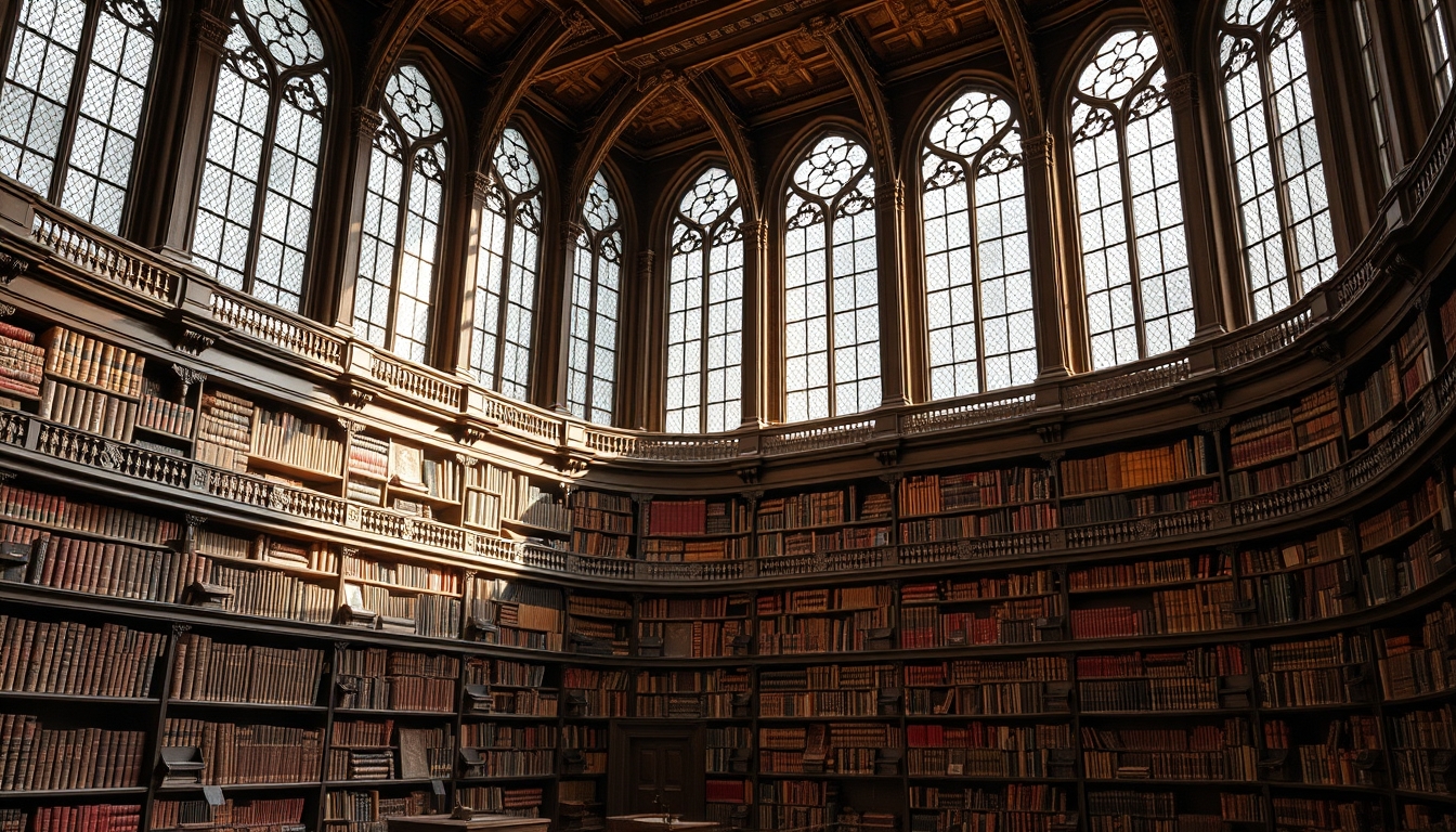 A grand library with tall glass windows and shelves filled with ancient books.