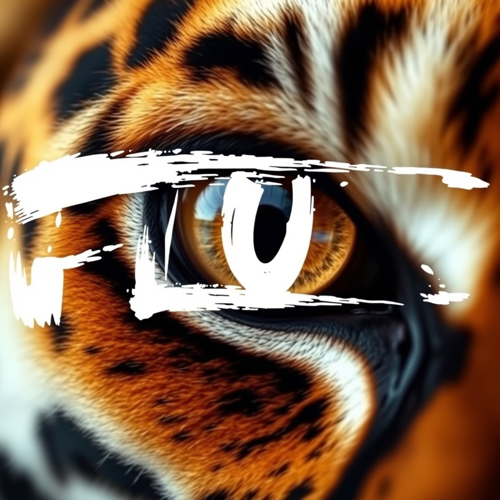 Extreme close-up of a single tiger eye, direct frontal view. Detailed iris and pupil. Sharp focus on eye texture and color. Natural lighting to capture authentic eye shine and depth. The word "FLUX" is painted over it in big, white brush strokes with visible texture. - Image