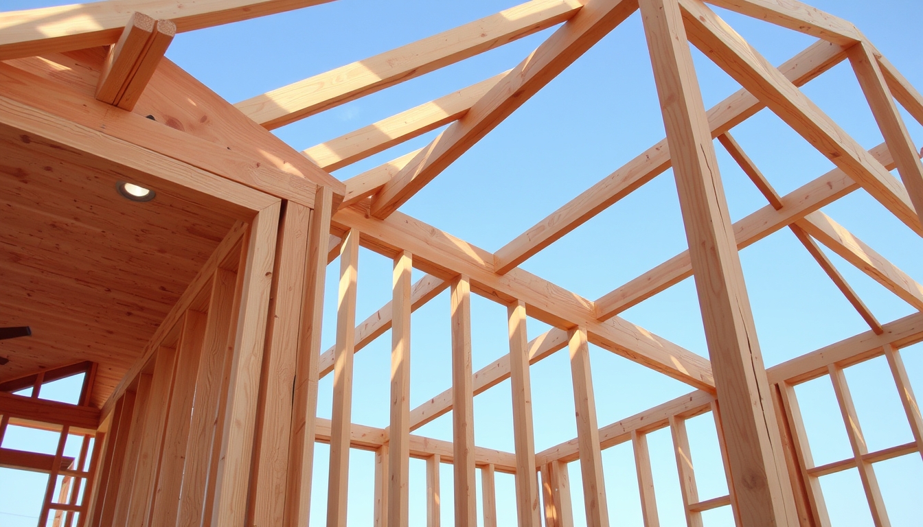 The wooden frame of a house under construction.