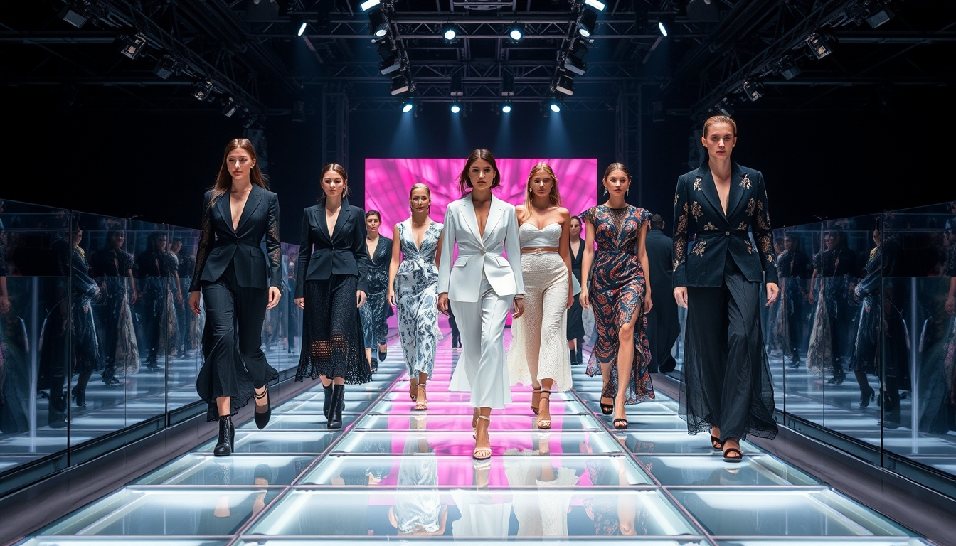 A high-end fashion show with models walking down a glass runway.