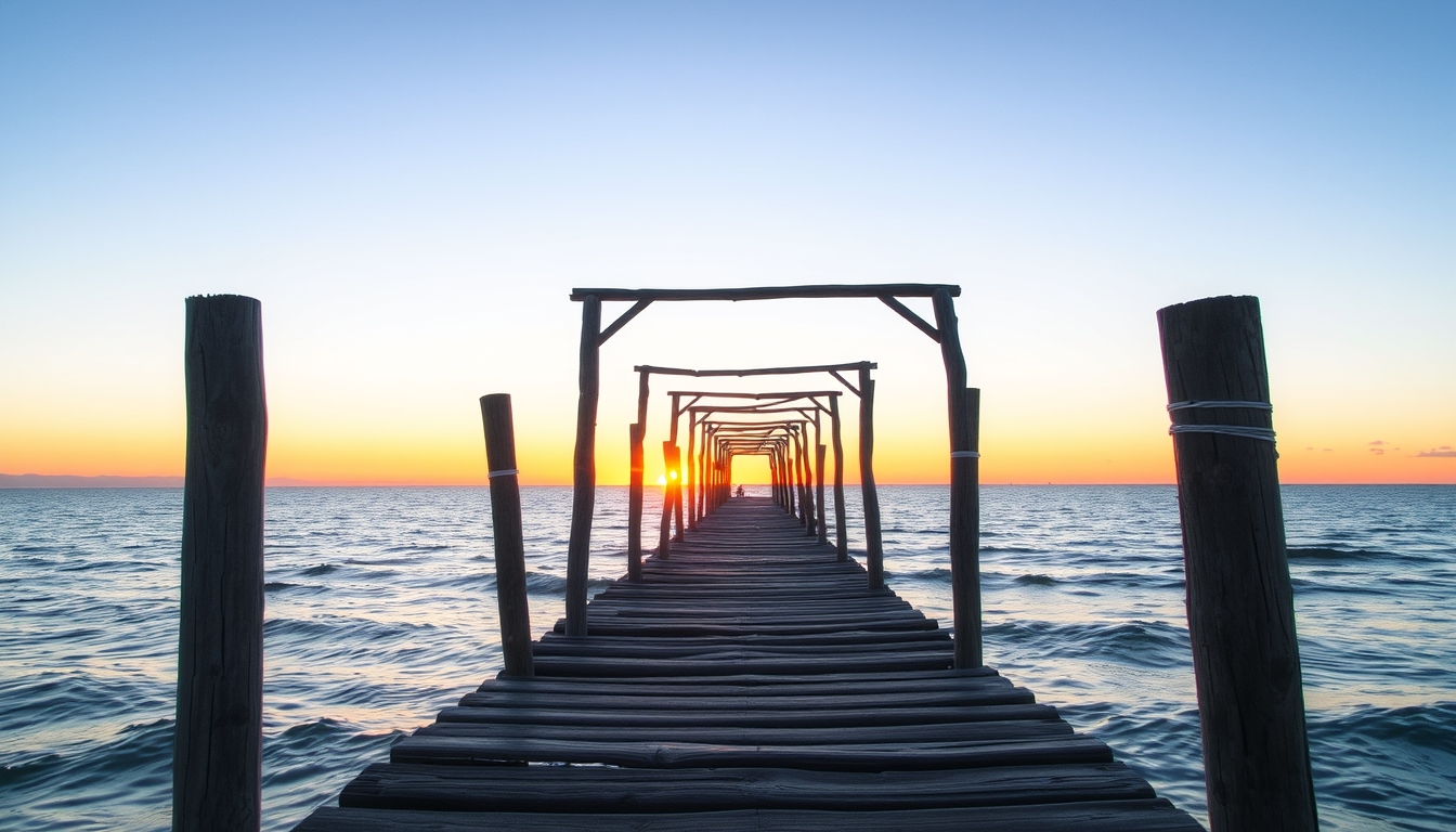 A rustic wooden pier stretching into the sea with sunset background.