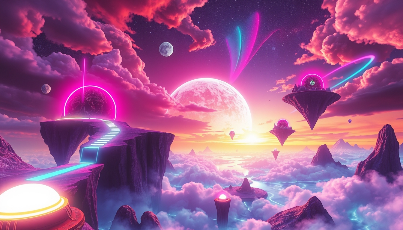 Surreal abstract landscape with neon lights, vibrant colors, and floating islands in a futuristic sky.