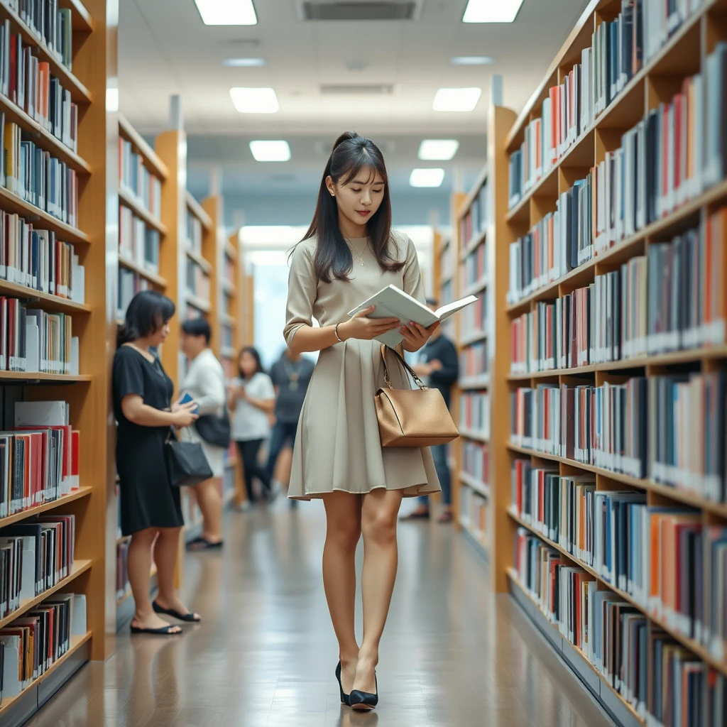 A young Korean woman wearing a dress and black high heels is looking for books in the library. There are many people in the library. - Image