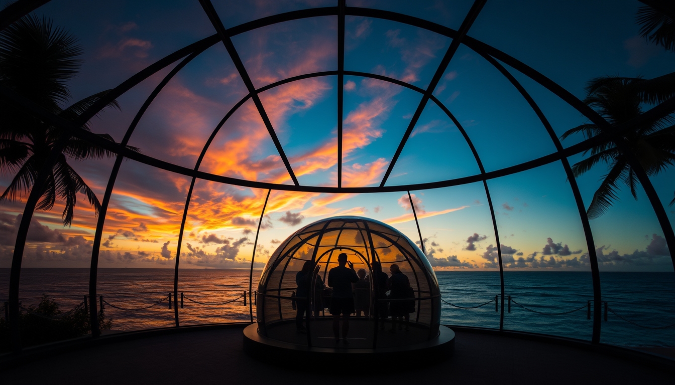 A breathtaking sunset viewed through a giant glass dome on a tropical island. - Image